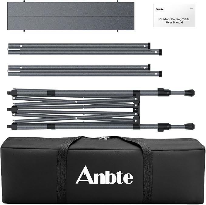 Anbte Camping Table Foldable, 2 Adjustable Height 34.2”, Large Roll Up Camping Table Support 264lbs with Storage Basket and Bag, Aluminum Outdoor Table, for Picnic Travel BBQ, 39.4” x 19.7”, Black