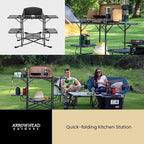 ARROWHEAD OUTDOOR 54" Wide Quick Folding Kitchen Station with Add-on Windscreen, 4 Side Tables, Aluminum Tabletop, Tool-Hanging Cord, 154 LBS Max Weight Load, for Patio BBQ and Camping