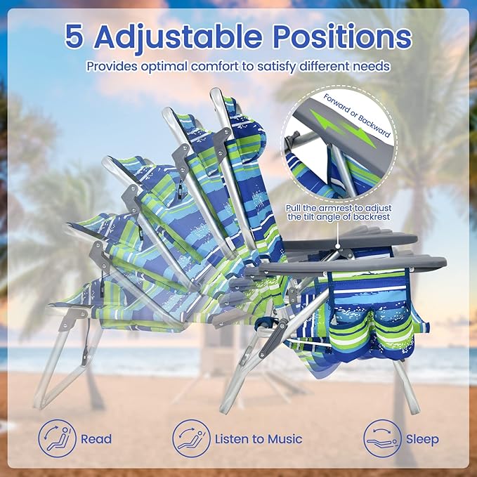 Tangkula Set of 2 Backpack Beach Chair, 5-Position Lay Flat Beach Chairs with Cooler Bag, 2 Cup Holders, Towel Bar, Lightweight Folding Beach Chair with Backpack Straps