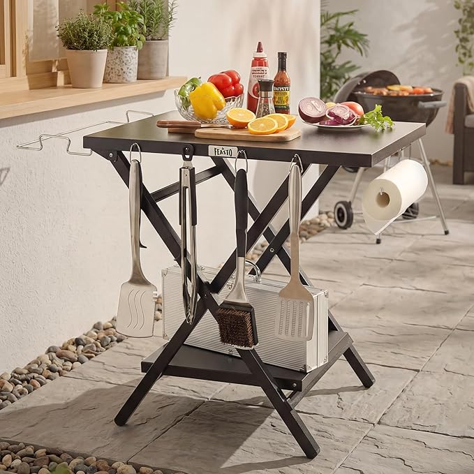 Folding Grill Table, Pizza Oven Table & Portable Table with Bottom Shelf, Tool Hooks, Trash Bag Holder & Paper Towel Rack, Grill Stand for Pizza Oven & Tabletop Griddle, BBQ & Tailgating, Black