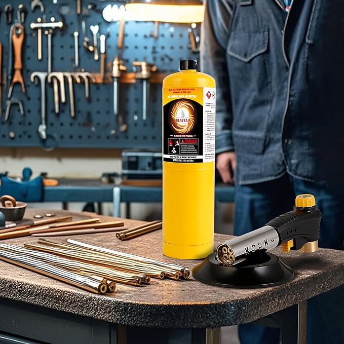 BLAZEAL Propane Torch Kit with 1x MAPP Gas,4-Flame Blow Torch Head with Propane Tank Base for MAP Gas,Work in All Angle,Trigger Start Torch Gun for Welding Brazing Soldering Grill Camping Cooking Food