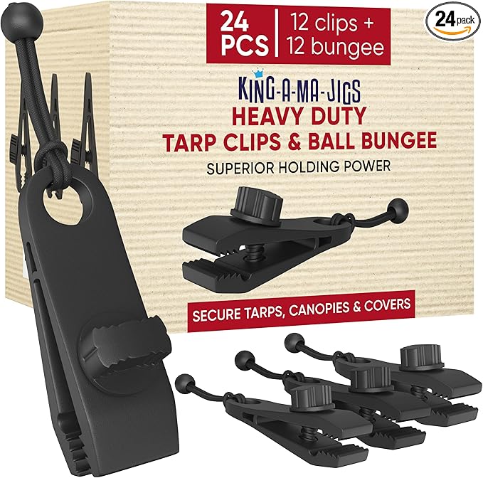 24 Pack - Tarp Clips Heavy Duty Lock Grip & Tarp Tie Downs Bungee Cords with Balls - Super Strong - Heavy Duty Clamps, Alligator Design - Secures Tarps, Tents, Awnings, Banners or Covers (24 Pack)