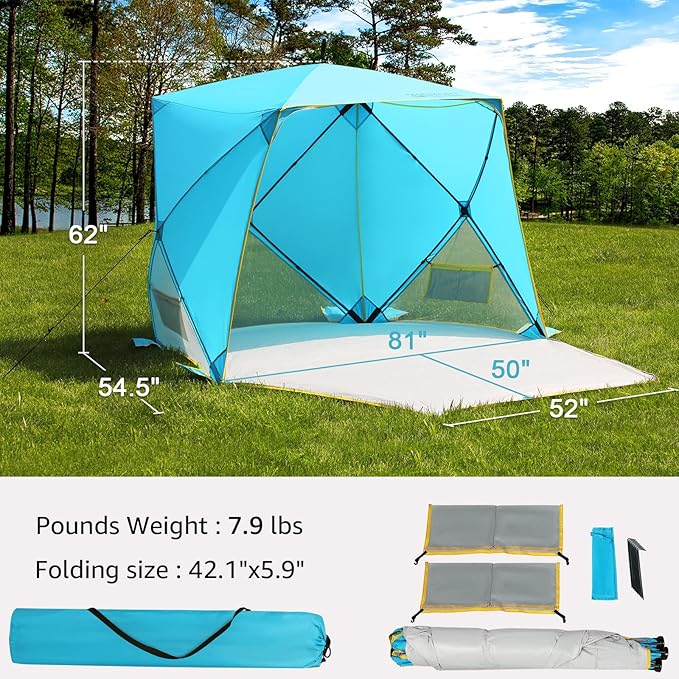Old Bahama Bay Pop Up Beach Tent, Portable Shade Sun Shelter UPF50+ UV Protection for 4 Person Extendable Floor for Fishing Hiking Camping, Waterproof Windproof(Blue)