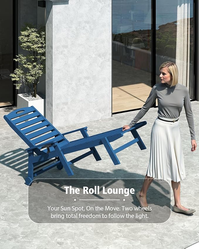 Domi Outdoor Chaise Lounge Chair with Table, HDPE Outdoor Lounge Chair with Reclining Backrest, Patio Chaise Lounger for Poolside, Outside Sunbathing Tanning, Blue