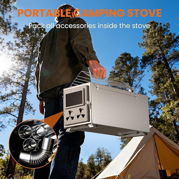 Upgraded Wood Stove, Hot Tent Stove Camping Portable Stainless Steel Wood Burning Stove with 7 Chimney Pipes for Wall Tent Camping, Hunting, Heating, Cooking, Ice Fishing, Boiling Water - Large