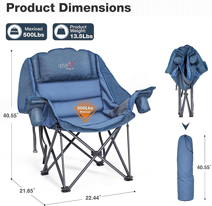 2 Pack Oversized Camping Chair, Portable Folding Padded Camp Chairs with Side Pocket, Cup Holder, Heavy Duty Support 500LBS Outdoor Lounge Chair for Adults, Fishing, Sports, Navy Blue