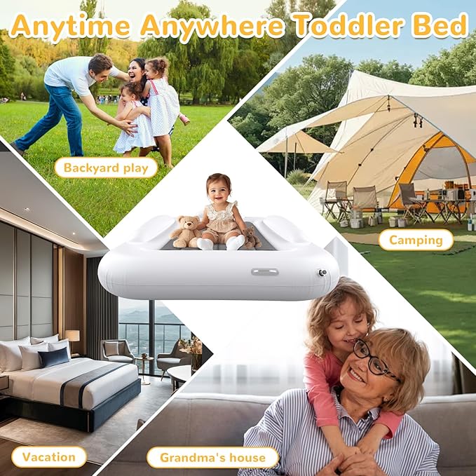 Inflatable Kids Travel Bed - Portable Comfortable Air Mattress with 3 Sides Safety Bumpers - Blow Up Bed for Camping & Travel (53 Inches)
