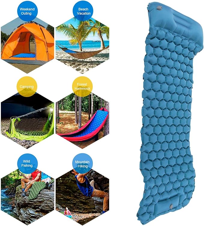 Camping Sleeping Pad Mat, Lightweight Inflatable Mattress, Sturdy 40D Nylon Fabric, TPU Laminate, for Tent Hiking Travel, Foldable Compact, Comfortable 3D Design (Peacock Blue)