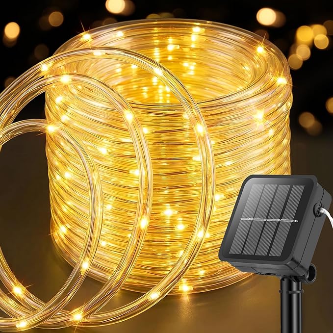 ANJAYLIA 33FT 100 LED Solar Rope Lights Outdoor Waterproof, Solar Powered Rope String Lights with 8 Modes for Outdoor, Patio, Garden, Camping, Holiday & Christmas Décor Warm White