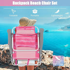 GYMAX Beach Chairs, Backpack Camping Chair with Armrest, Cooler Bag, Cup Holder, Towel Bar & Side Pockets, Sunbath Sling Tanning Lounge, Folding Layout Chair (with Table, Pink Stripe)