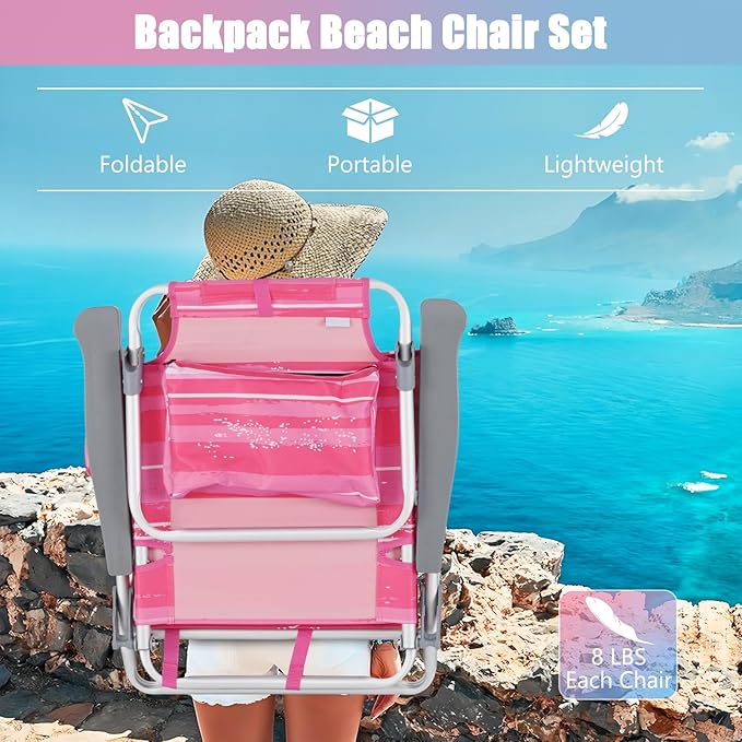 GYMAX Beach Chairs, Backpack Camping Chair with Armrest, Cooler Bag, Cup Holder, Towel Bar & Side Pockets, Sunbath Sling Tanning Lounge, Folding Layout Chair (with Table, Pink Stripe)