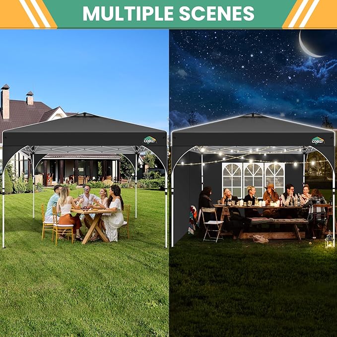 COBIZI 10x10 Pop Up Canopy Tent, Outdoor Party Tent with 3 Sidewalls, 1 Person Easy Set up, Tents for Parties with Fluorescent Strip & 4 Sandbags, Waterproof UPF50+, 3 Adjustable Height, Black