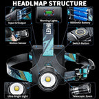 Rechargeable LED Headlamp, Super Bright High Lumens Head Lamp, 90 Hour Standby Head Light with 9 Modes, IPX7 Waterproof Zoom Headlamps, 125° Adjustable Headlight for Camping, Adults