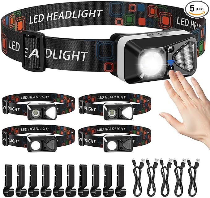 LED Headlamp Rechargeable with Motion Sensor, Ultralight Bright Headlight with White Red Light Waterproof 6 Modes for Outdoor Camping Running Hard Hat Fishing Repair, 5 Pack