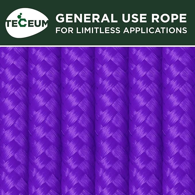 TECEUM Rope – 150 Feet x 1/4 Inch (7mm) – Purple – Strong All-Purpose Utility Rope – Camping, Crafting, Flag Pole, Indoor & Outdoor – Polypropylene Nylon Poly Lightweight Diamond Braided Cord