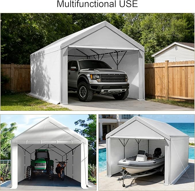 Carport 10x20ft Heavy Duty Canopy,Portable Garage Party Tent,Portable Garage with Removable Sidewalls & Doors All-Season Tarp for Car,Truck,Party White