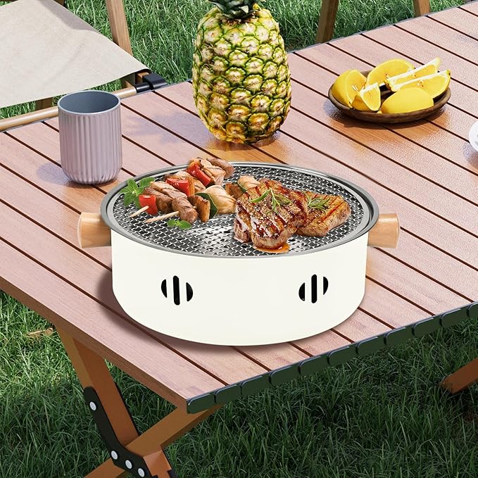 Portable Charcoal Barbecue Grill, 1pc Mini BBQ Grill Multifunctional Charcoal Grill Smokeless Round Tabletop Charcoal Grill for Indoor Outdoor Cooking Home Party Picnic Camping (Beige)