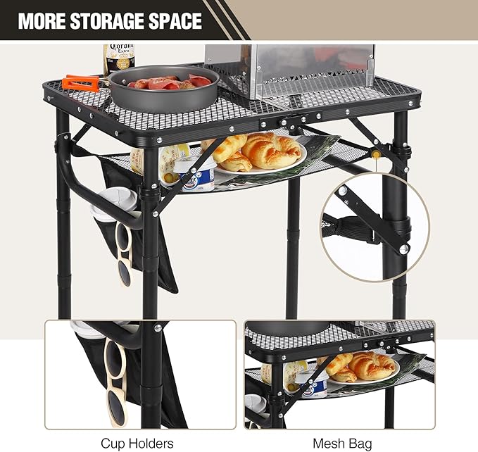 REDCAMP Small Folding Grill Table for Outside, 3 Heights Adjustable Lightweight Portable Metal Aluminum Outdoor Grill Table for Camping Picnic Cooking BBQ, Black 24x16 inches