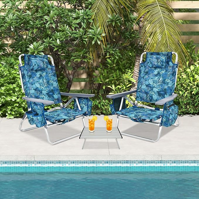 GYMAX Beach Chairs, Backpack Camping Chair with Armrest, Cooler Bag, Cup Holder, Towel Bar & Side Pockets, Sunbath Sling Tanning Lounge, Folding Layout Chair (with Table, Blue Leaves)