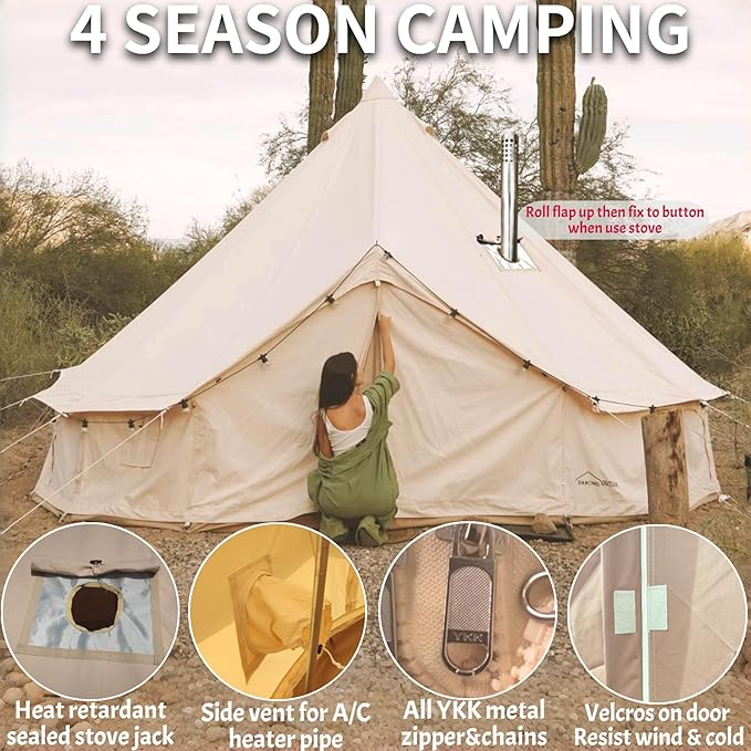 DANCHEL OUTDOOR B5PRO 4 Season Canvas Tent with Stove Jack Camping, Waterproof Bell Tent with AC Port Yurt All Year Living, Luxury Glamping for 4/6/8 Person Hunting Party, 13ft/16.4ft/20ft