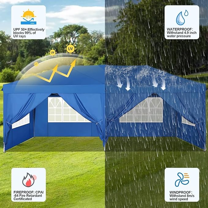 COBIZI 10x20 FT Pop up Canopy Tent with Sidewalls, Party Tents for Parties, Carpas para Fiestas, Easy Set Large Outdoor Popup Patio Gazebo for Backyard,Weddings,Vendor,Commercial Event,Blue (Upgrade)