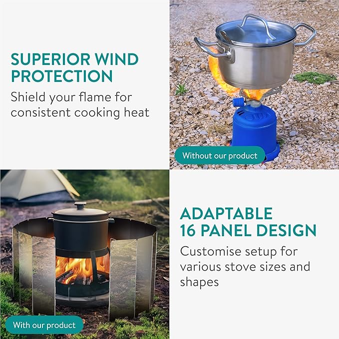 Navaris Foldable Camping Cooking Windshield 16pcs - Portable Camp Stove Windscreen Enhances Efficiency - Durable Aluminum Grill Wind Shield Blocker for Picnics BBQ & Backpacking