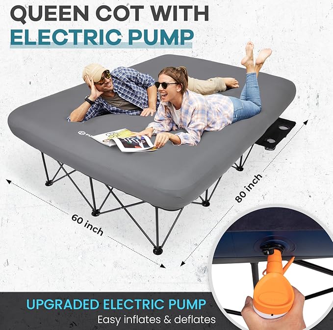 FUNDANGO Queen Camping Cot with Electric Pump, 2 Person Air Mattress with Frame, Double Camping Cot Bed with 2 Cup Holders & Removable Cover for Camp, Home Guest, Carry Bag Included (Grey)