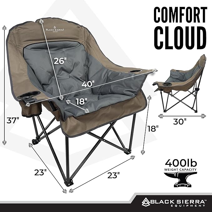 Black Sierra Oversized Camping Chair for Adults – 400 lb Heavy Duty Folding Chair with Cup Holders & Carry Bag