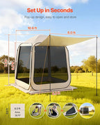 VEVOR 6 x 6 ft Pop-Up Screen House Tent with Extended Awning, 4–6 Person Screen Gazebo, Portable Screened Canopy with Carry Bag, Netting Sides & Ground Stakes for Patio, Backyard & Outdoor Activities