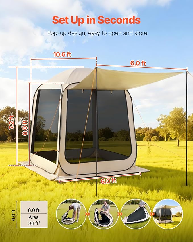VEVOR 6 x 6 ft Pop-Up Screen House Tent with Extended Awning, 4–6 Person Screen Gazebo, Portable Screened Canopy with Carry Bag, Netting Sides & Ground Stakes for Patio, Backyard & Outdoor Activities