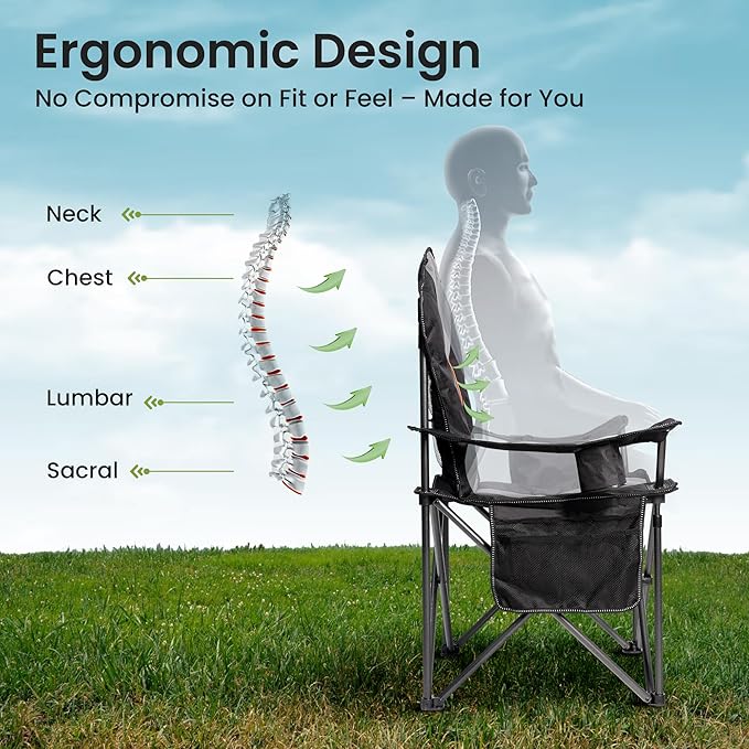 Oversized Camping Chair Heavy Duty- Portable Folding Chair, Cup Holder & Waterproof Phone Case for Adults, Beach, Hiking, Backyard (Black & Gray, 2 PCS)