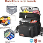 LOKASS Lunch Bag& Lunch Box for Men Women Double Deck,Large Insulated Adult Lunch Box Leakproof Lunchbox Cooler Bag for Work Picnic Beach,（Black,16L）