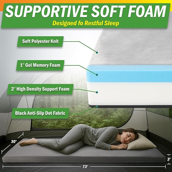 Memory Foam Camping Mattress - 3.5-Inch Thick Sleeping Pad for Camping Gear - Dual-Layer Roll Up Portable Bed for Car, Truck, Camp Tent, Cot Mattress, or Sleepover Guests by Wakeman Outdoors (Gray)