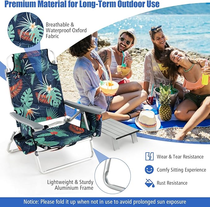 Tangkula Backpack Beach Chair with Table, 5-Position Lay Flat Chairs with Cooler Bag, 2 Cup Holders, Towel Bar, Lightweight Low Folding Chair with Backpack Straps