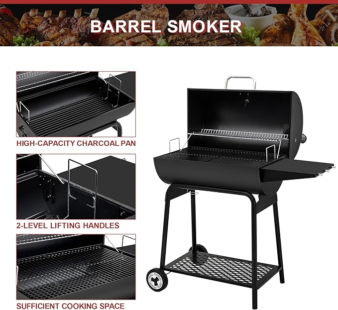 Royal Gourmet CC1830 30 Inch Barrel Charcoal Grill with Warming Rack, Outdoor BBQ Grill with 627 Sq. In. Grilling Space for Backyard, Patio and Parties, Black