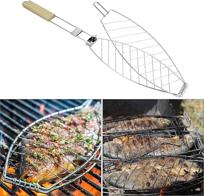 QWORK 2-Pack Stainless Steel Fish Grill Basket – Portable Locking Grill Rack for Small-Medium Fish, Camping & Home BBQ