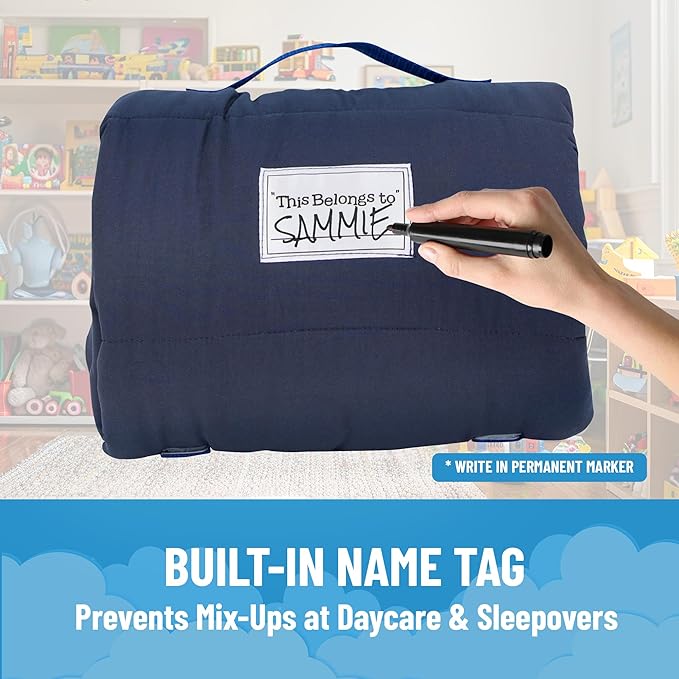 Jay Franco Kids Nap Mat with Embedded Pillow & Blanket – Soft 46"x20" Microfiber Sleeping Bag with Name Tag & Handle for School, Travel, Sleepover