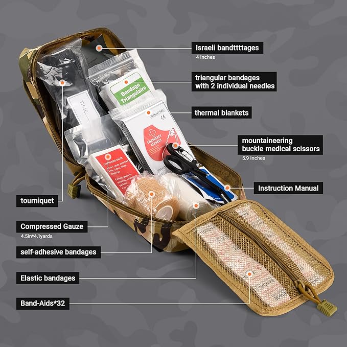 IFAK Trauma Kit with Tourniquet, 4-Inch Israeli Bandage, Tactical First Aid Kit for Car, Camping, Hiking and Travel with Molle Bag (Camouflage)