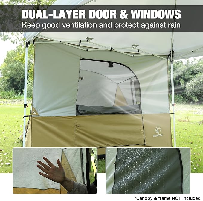REDCAMP Camping Side Tent for Pop Up Canopy, Easy Setup Water-Resistant Camping Tent Attachment for 10' Wide Canopy, Fit 2 Person, Khaki (Frame/Shelter NOT Included)