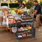 TomCare Grill Table with 3-Tier Storage Shelves Lockable Wheels Grill Cart with Silicone Grill Mat Heavy Duty Outdoor Tabletop Griddle Stand Holds 500Lbs Fits 22” Blackstone Ninja Cuisinart BBQ Grill