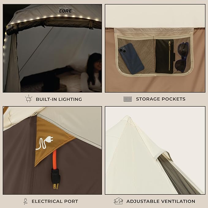 CORE 6 Person Bell Tent with LED Lights | Spacious Family Lighted Tent with Carry Bag for Camping, Glamping, and Backyard Adventures