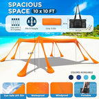 Beach Canopy Beach Tent Pop Up Shade 10x10ft Sun Shelter UPF50+ with 8 Sandbags-2 Sand Shovel-4 Aluminum Poles-Ground Pegs-Portable Carrying Bag for Outdoor Family Camping Fishing Yard Picnic