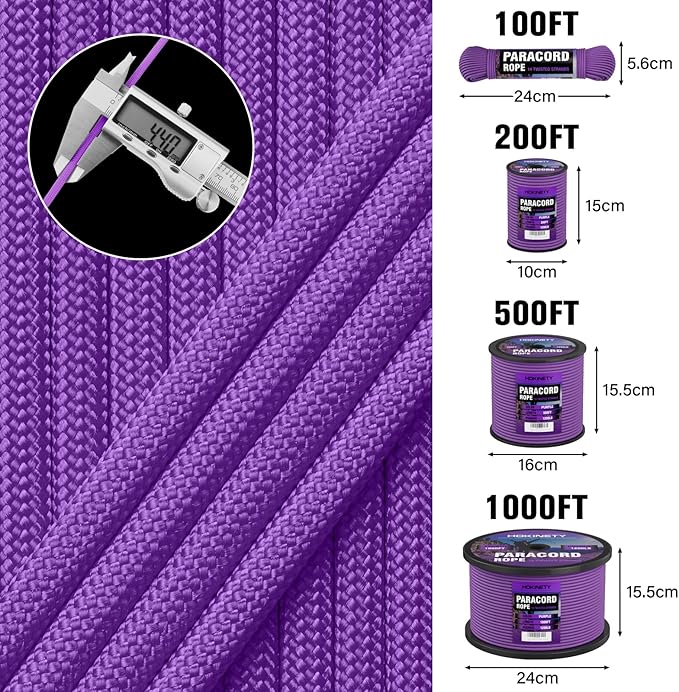 1200 Paracord Rope - 4.4mm 14 Strand Nylon Parachute Spool para Cord Lanyard for Outdoor Camping Survival Utility Tent Crafting DIY Projects Fishing Clothsline Bracelet - Purple 500FT