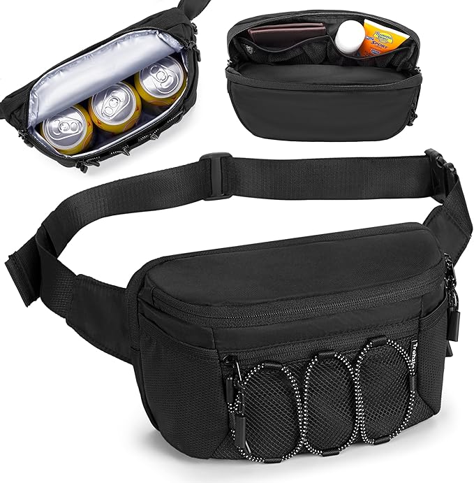 Fanny Pack Cooler, Insulated Waist Pack Snack Bag, Portable Hip Pack for Beach, Camping and Hiking, Black