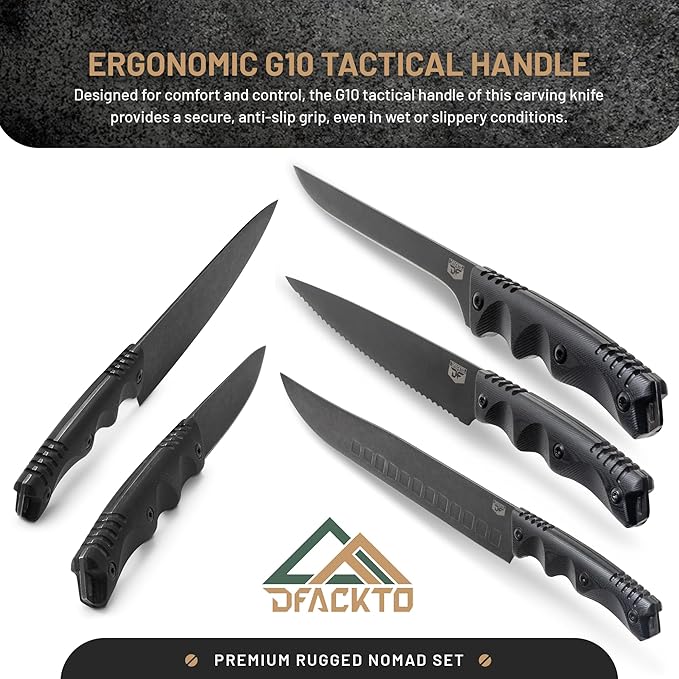 DFACKTO 11-PC Rugged Nomad Chef Knife Set - High Carbon Stainless Steel Kitchen Cutlery w/Full Tang G10 Handles, Protective Sheaths w/Green Travel Case - Professional Cutlery for Cooking & Camping