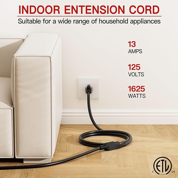 16/3 Black Extension Cord 20 FT, Indoor Extension Cord Flexible & Durable, 3 Prong Power Cable, Suitable for Home and Office, 13 Amp 1625 Watt 125VAC 16AWG, ETL Listed