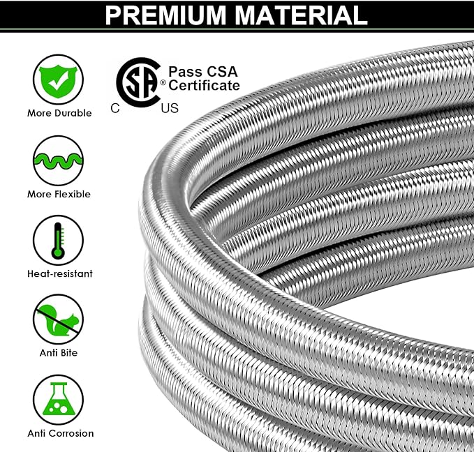 4-Port Propane Brass Tee kit with 5FT and 12FT Stainless Braided Hose, Tee Adapter Kit Allows for Connection Between Auxiliary Propane Cylinder and Propane Appliances for Motorhomes Tank RV Camping