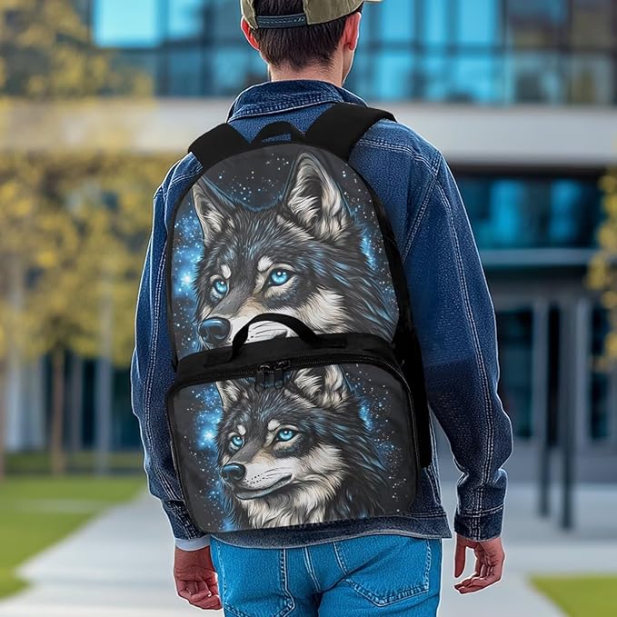 Wolf Bookbag for Men Galaxy Backpack with Lunch Box Large Capacity School Bag for College 17 Inches Book Bag with Adjustable Shoulder Strap for Travel