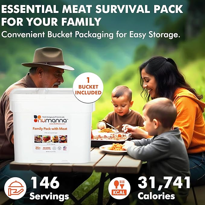 Numanna Survival Kit 850 Servings Includes 1 Family Pack with Meat, 1 Diced Chicken, 1 Ground Beef, 2 Defender Nutritive Packs with Meat & 6 Hormone-Free Milk Powder Pouches for Camping, Daily Use