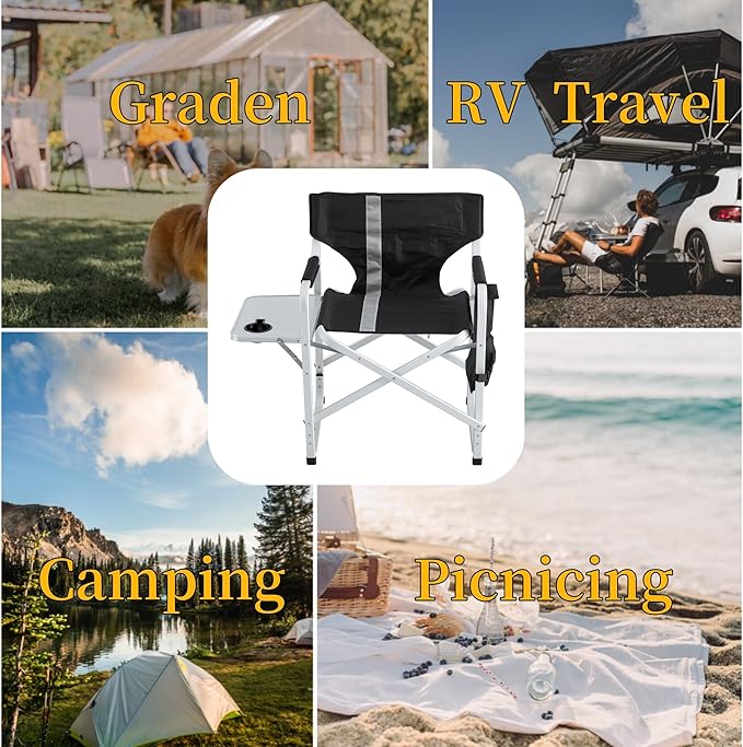 400LBS Heavy Duty Camping Director Chair - Lightweight Aluminum Frame with Foldable Side Table, 600D Oxford Seat & 3 Storage Pockets, Portable for Camping,Sports,Indoor/Outdoor Adults Use